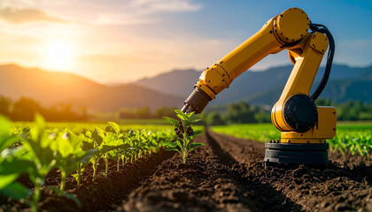 automatic robot arm harvesting plant in field against sunset, AI Generated