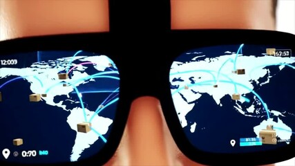 Wearing Smart Glasses Displaying Global Network Connection Data Delivery - Powered by Adobe