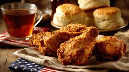 Traditional Southern fried chicken served with flaky biscuits and refreshing iced tea on a rustic wooden table, complemented by American flag napkins. A celebration of National Fried Chicken Day