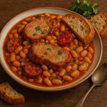 Andorran trinxat de mongetes with pork and chorizo slices. AI-generated.