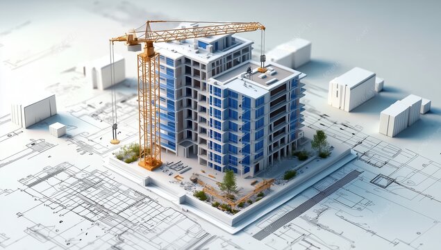 Architectural white scale model construction site with crane on technical blueprint from top isometric perspective. Detailed 3D rendered design visualization for urban development projects, featuring 