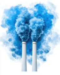 Fototapeta premium Two White Industrial Chimneys Emitting Blue Smoke Against White Background