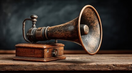 Vintage antique-style horn speaker with large flared weathered metal horn, showcasing a rust patina and small central emblem. Featuring attached metal pipes, control knob, and mounted on a rectangular