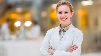 A confident young female doctor smiling in a white coat, embodying professionalism and trust in healthcare.
