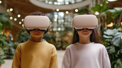 economy consumption digital concept. Kids wearing virtual reality headsets in a modern, plant-filled environment.