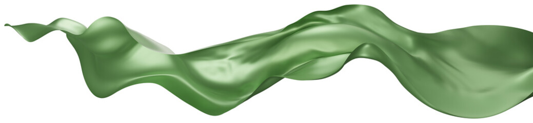 Flying green silk textile fabric flag background. Smooth elegant green Satin Isolated on white Background for grand opening ceremony. Green curtain.
