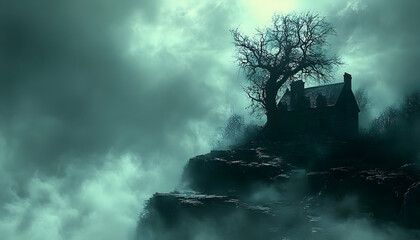 Moody landscape shows a dark, rustic cottage perched atop a misty, rocky cliff under a gloomy sky with bare trees