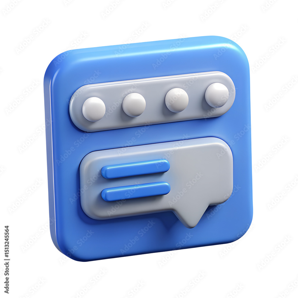 Poster a 3d rendering of a blue and gray plastic-style icon representing messaging and communication with a