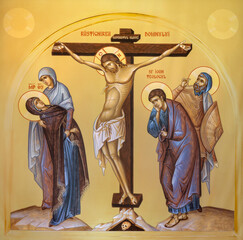 PIACENZA, ITALY - MAY 21, 2025: The icon of Crucifixion in the church Chiesa di San Sepolcro (Romanian orthodox) by unknown artist of 20. cent. 