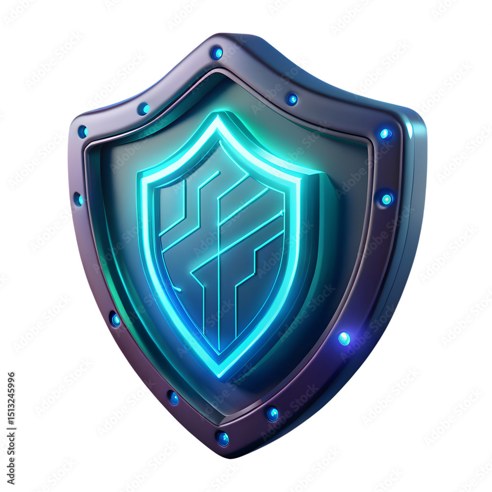 Poster a glowing 3d rendering of a plastic-style shield icon representing data security and digital protect