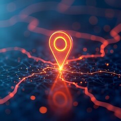 Illustration of digital city map with glowing location pin. AI tech in GPS navigation, innovation in delivery, transport logistics. Geolocation illustration concept for future business travel.