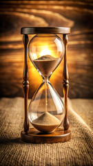 Antique hourglass sand timer on wooden background