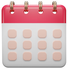 Calendar date 3d icon. Red calendar with flipping pages and rings isolated on white background. Daily schedule planner. Calendar events plan, Reminder, work planning concept.