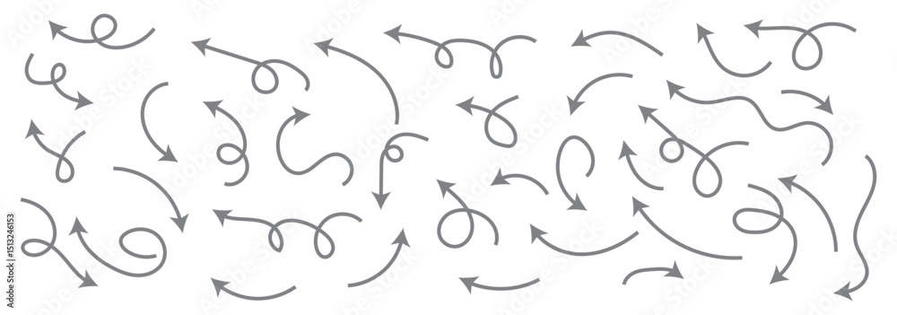 Poster set of simple lines hand drawn black arrows in various style. set of simple of hand drawn black arro