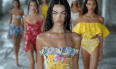 A fashion show with models in colorful dresses. Focus on the model in the front with piercing blue eyes