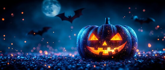 Fototapeta premium Halloween Jack-o'-lantern glows in the night