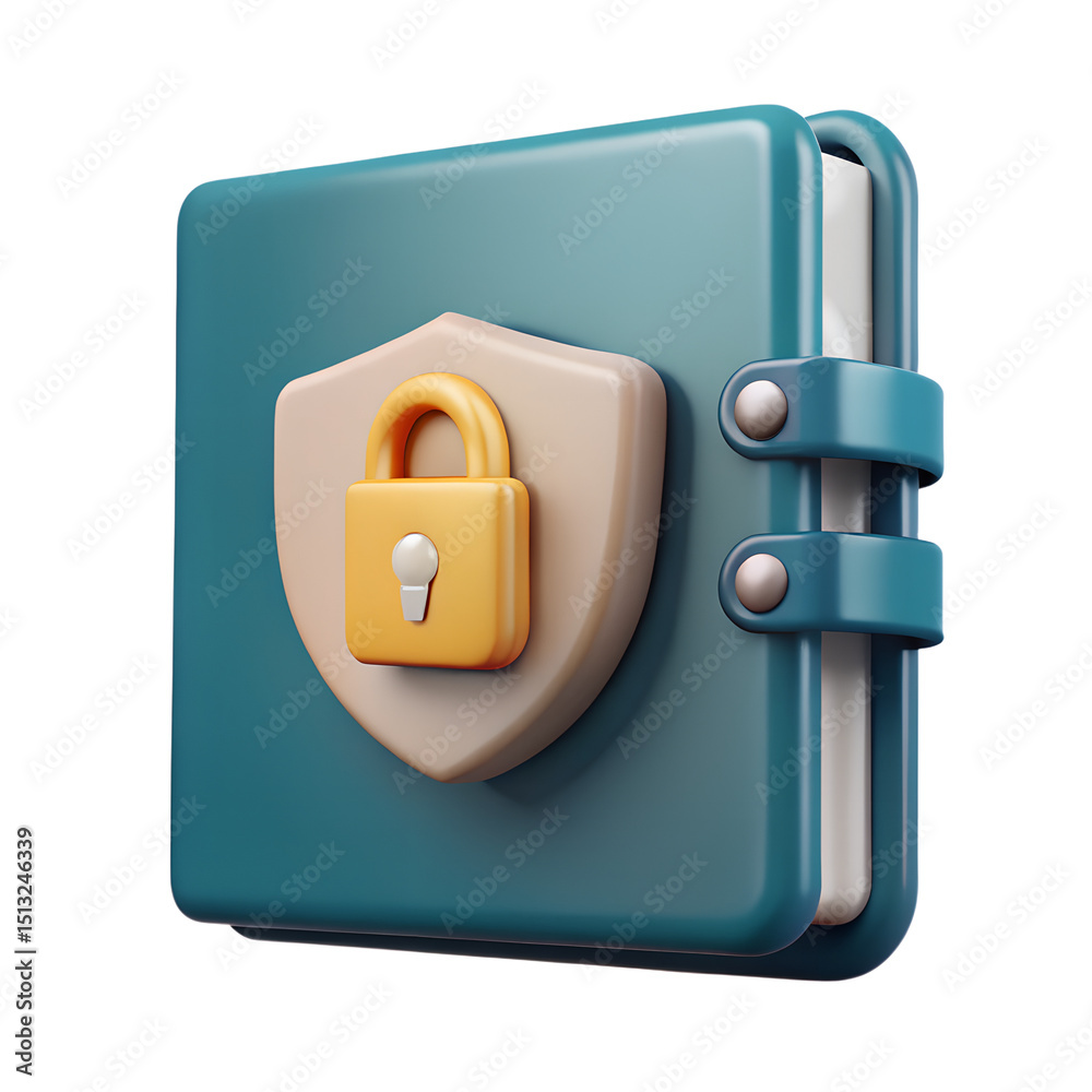 Poster a stylized 3d rendering of a protected digital book concept with lock and shield representing data s