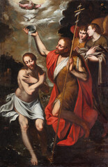 BOBBIO, ITALY - MAY 20, 2025: The painting of Baptism of Jesus in Cathedral (Santa Maria Assunta) by unknown baroque artist. 