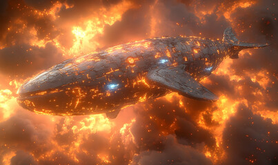 Sci-fi whale flying through fiery clouds, detailed texture on its body, glowing spots