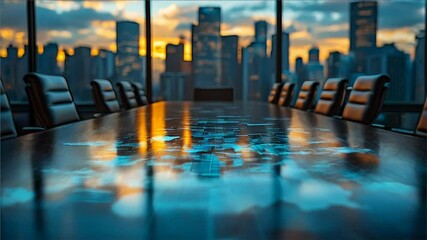 A large conference table is illuminated by the vibrant colors of a sunset outside the tall windows. City skyscrapers create a stunning backdrop for discussing important ideas.
