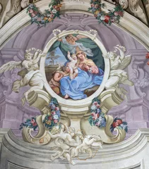 BOBBIO, ITALY - MAY 20, 2025: The baroque fresco of Madonna with the Child and little St. John the Baptist in Cathedral (Santa Maria Assunta) by Francesco Porro (1723). © Renáta Sedmáková