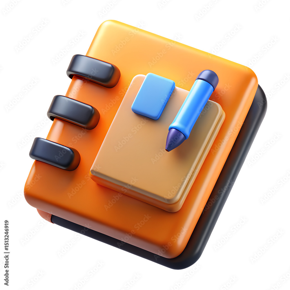 Poster a vibrant and playful 3d rendering of a notebook with pen and eraser icon suitable for digital conte