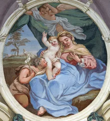  BOBBIO, ITALY - MAY 20, 2025: The baroque fresco of Madonna with the Child and little St. John the Baptist in Cathedral (Santa Maria Assunta) by Francesco Porro (1723). © Renáta Sedmáková