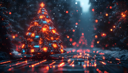 Futuristic Christmas tree, circuit board design, glows brightly in snow, with bokeh and dark forest