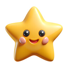Cheerful 3d rendering of a yellow star character with a cute smile and rosy cheeks on a transparent background.