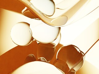 Bright abstract 3D design of golden glass orbs and fluid reflections with warm lighting.