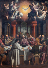 PIACENZA, ITALY - MAY 20, 2025: The painting of Last Supper in the church Basilica di San Antonio by Castello Bernardo (1577 - 1644).