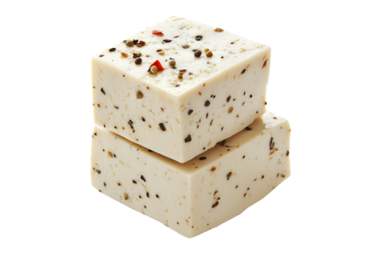 Cubes of seasoned tofu with visible herbs and spices, arranged in stack isolated on white transparent background, concept of healthy vegetarian protein option