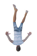Full length upside down portrait of man falling rear view. Arms and legs spread out on transparent background creates an illusion of floating