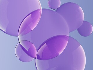 Minimal abstract 3D bubbles in violet tones floating against a soft blue background.