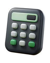 Modern 3d rendering of a calculator featuring white and green button details with a plastic-style aesthetic perfect for financial calculations