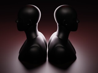 Two headless mannequins face opposite directions in a moody red and black space.