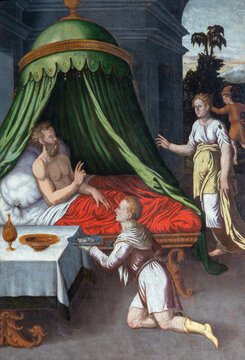 LODI, ITALY - MAY 21, 2025: The renaissance painting of Isaac blessing Jacob who is disguised as his first born son Esau in the church Chiesa Beata Vergine Incoronata by Callisto Piazza (1529 - 1561).