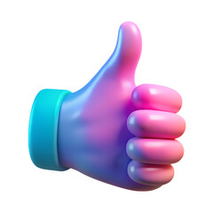 Vibrant 3d rendering of a thumbs-up gesture rendered in plastic-style with iridescent color gradient against a transparent background