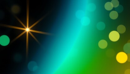 Black deep teal green abstract background. Blurred circles bokeh. Bright light flash glow glitter neon metallic. Soft smooth color gradient blend. Festive magic decoration.