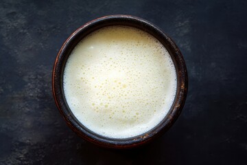 Homemade Kefir in Clay Pot: Probiotic Drink, Fermented Milk, Gut Health, Creamy Texture, Dark Background
