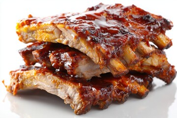 BBQ Ribs Stack: Juicy Pork Ribs with Glaze on White Background, Food Photography