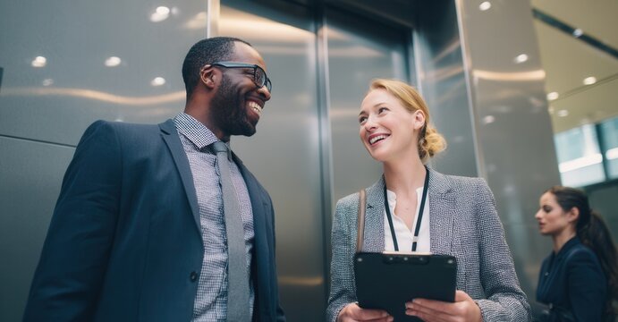 Two colleagues enjoy a lighthearted moment in an elevator, laughing and smiling, while another woman looks on in the background.