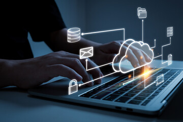 Data Manager. programmer working on laptop computer with infrastructure workflow graphic diagram,...