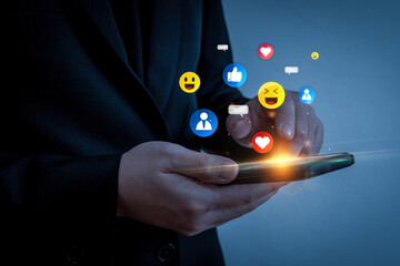 Notification. business man touching mobile phone with graphic social network notification icon diagram, online marketing, social media, internet connection, digital online technology concept