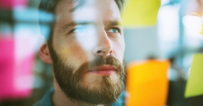 Pensive man with beard looks at sticky notes on glass. Reflective light adds a sense of thoughtful problem-solving and innovation.