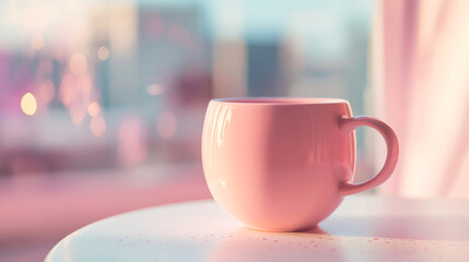 Single pink ceramic cup with soft morning light
