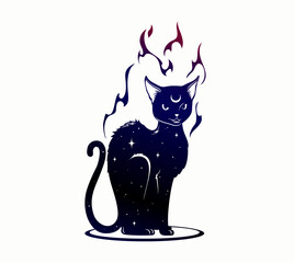 Vector illustration of a magical cat silhouette with a galactic theme. Features starry night elements, dreamy colors of blue, purple, and black, and a cosmic, mystical atmosphere perfect for fantasy