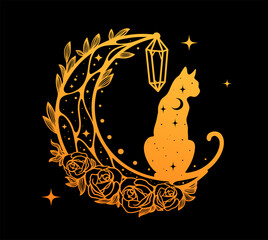 Vector illustration of a magical cat silhouette with a galactic theme. Features starry night elements, dreamy colors of blue, purple, and black, and a cosmic, mystical atmosphere perfect for fantasy, 