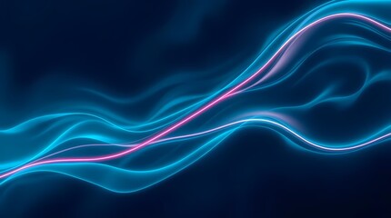 Abstract flowing lines of turquoise and pink light on a dark background