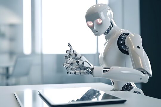 AI robot hand using a touchscreen tablet in a modern office, clean background, soft light, futuristic workspace
